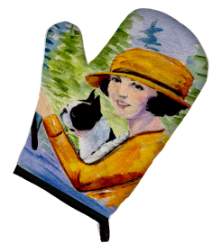 Woman driving with her Boston Terrier Oven Mitt