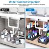 2 Pack 2-Tier Under Sink Organizer L-Shape Sliding Cabinet Organizers Storage Shelves with 8 Removable Hooks 2 Hanging Cups for Bathroom Kitchen Offic