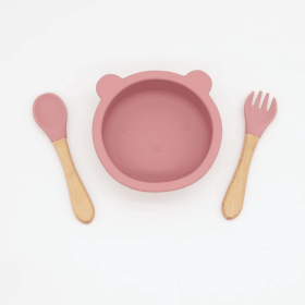 Baby Bear Shape Food Training Silicone Bowl With Spoon Tableware (Color: Pink, size: Average Size (0-8Y)