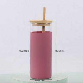 1pc 16oz Bamboo Lid And Straw Silicon Rubber Case Borosilicate Colored Water Bottles Glass (Color: Pink 16oz)